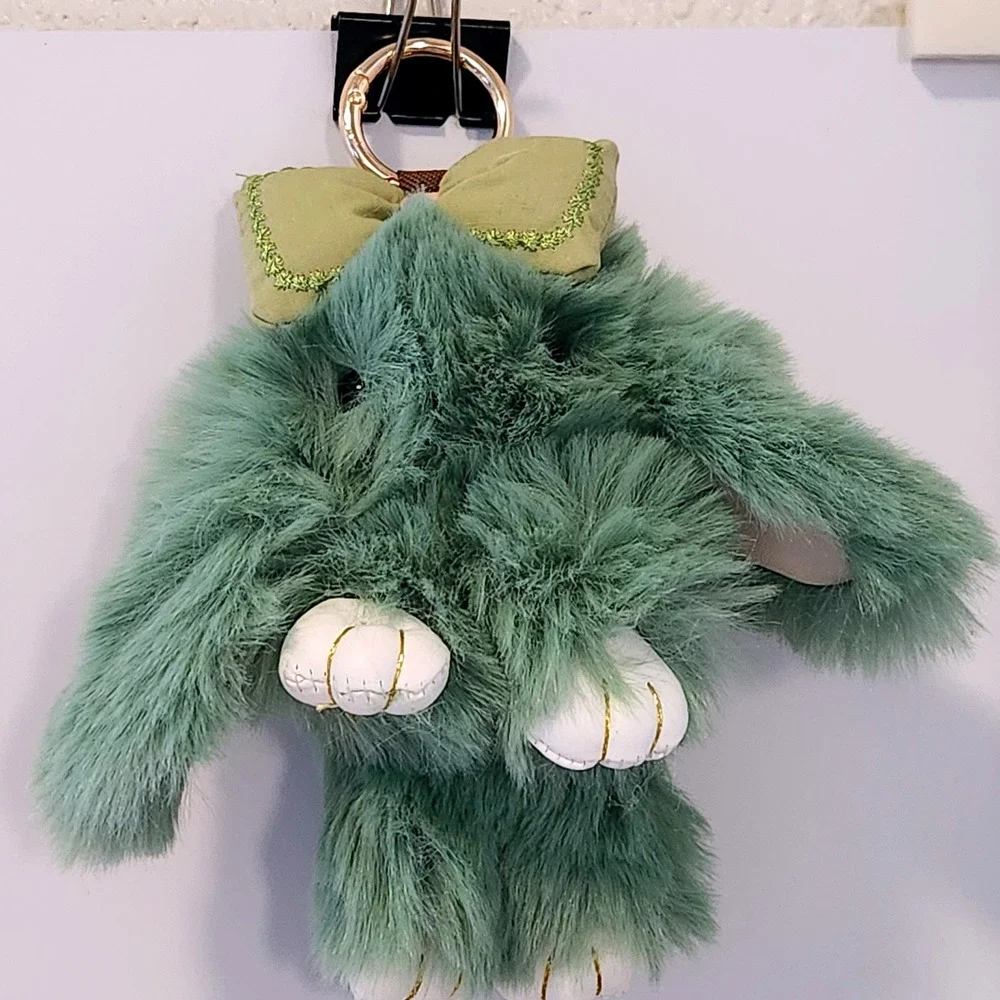 Sage Green Faux Fur Bunny Keychain Bag Charm with Olive Bow and Gold Accents